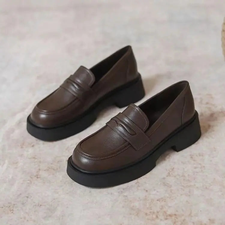 Women Black/Reddish Brown Platform Loafers Round Toe Chunky Sole Slip On Penny Loafers Comfortable Casual Office Shoes
