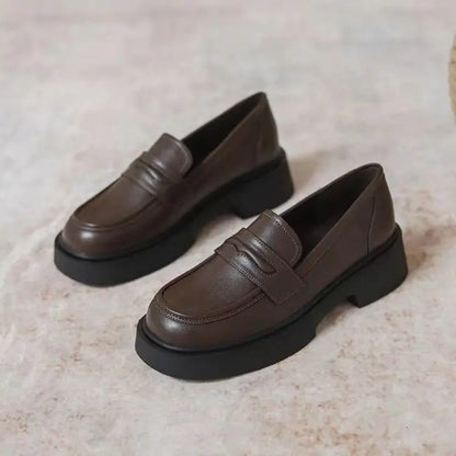 Women Black/Reddish Brown Platform Loafers Round Toe Chunky Sole Slip On Penny Loafers Comfortable Casual Office Shoes
