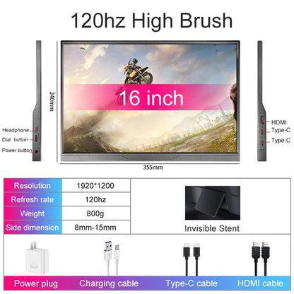 16inch Portable Monitor 2.5K/120HZ/100%sRGB  For Laptop XBox PS4 / 5 Switch Cell Phone Computer Extension Gaming  Travel Screen