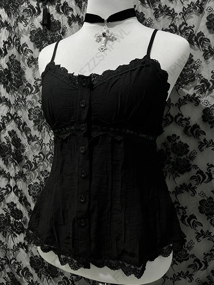 Gothic Y2K Aesthetic Women's Camisole Top Casual Slim Fit Sexy Solid Color Lace Crop Tees Grunge Punk Hotties Summer Streetwear