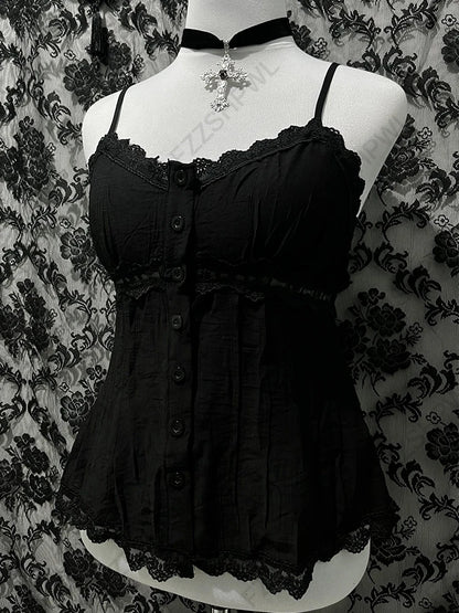 Gothic Y2K Aesthetic Women's Camisole Top Casual Slim Fit Sexy Solid Color Lace Crop Tees Grunge Punk Hotties Summer Streetwear