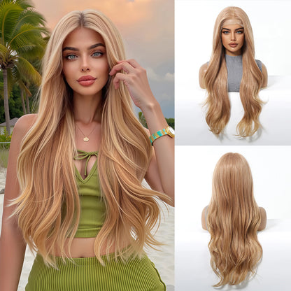 EASIHAIR Long Wavy HD Lace Front Synthetic Wigs for Women Natural Wave Blonde Wigs With Dark Roots 13*6 Lace Wigs Heat Resistant