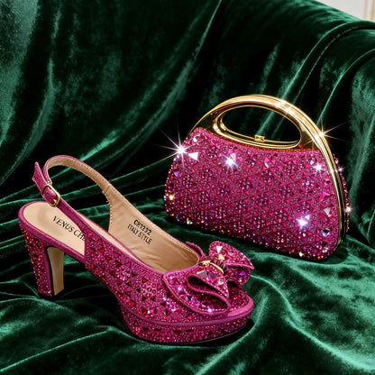 Venus Chan 2026 Women’s Italian Gold High Heels with Rhinestone Detail & Matching Bag Set - Stylish Pointed Toe Design