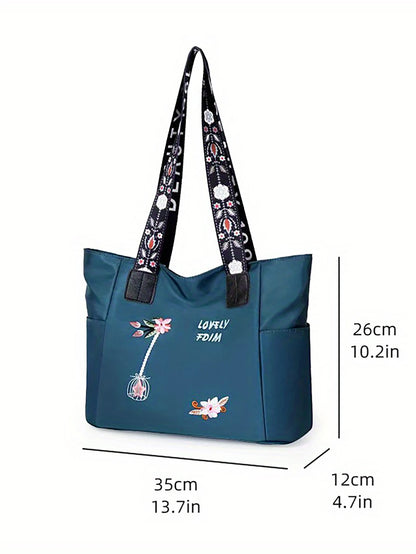 Flower embroidery fashionable oxford cloth handbag large capacity shoulder bag waterproof handbag large canvas bag