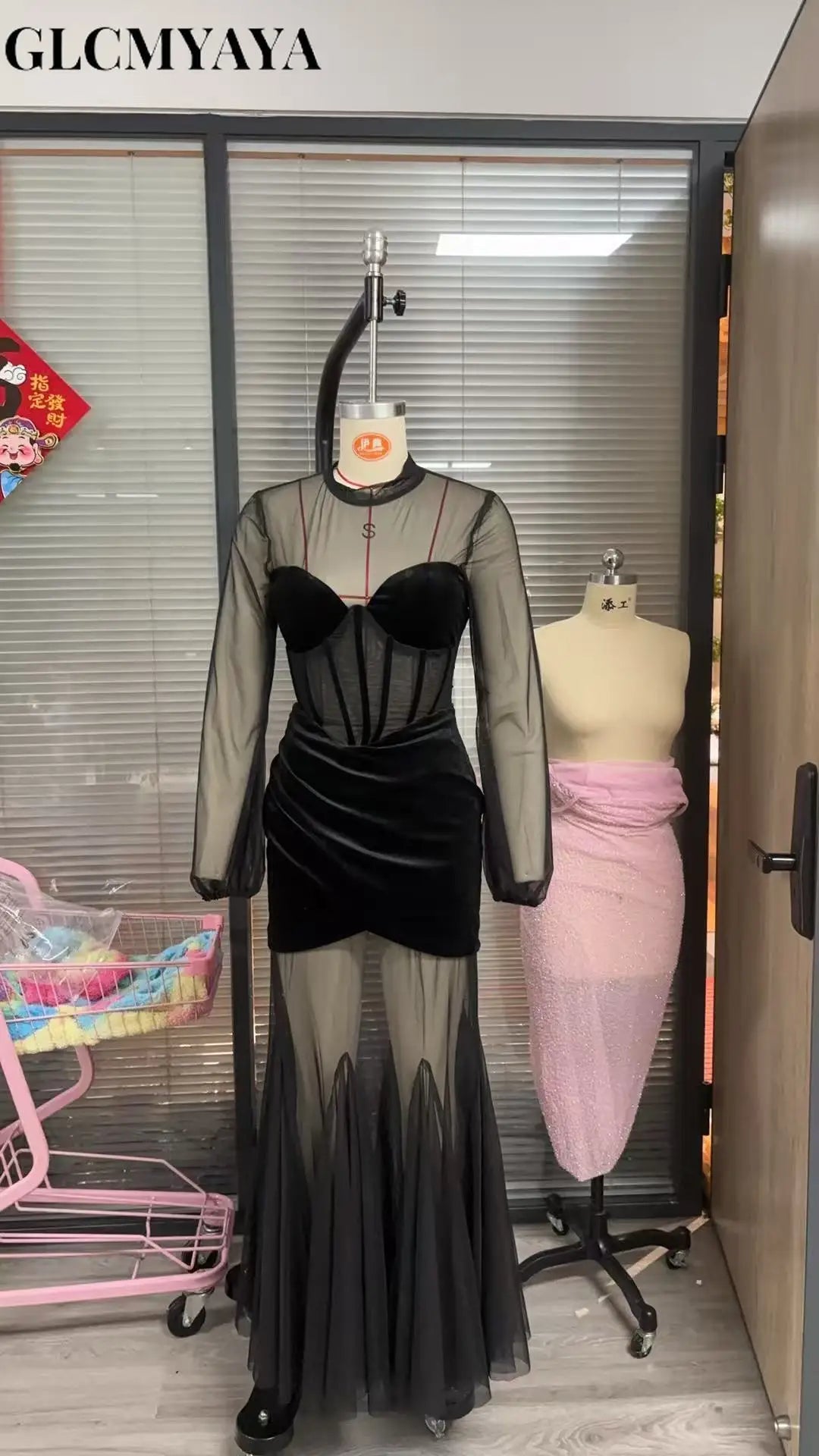 GLCMYAYA Mesh See Through Women Full Sleeve Velvet Bodycon Long Dress 2025 Fall Birthday Party Evening Prom Maxi Mermaid Dresses
