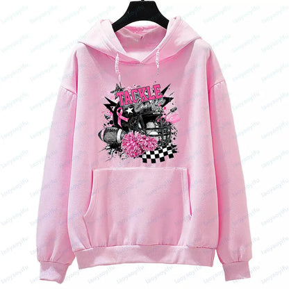 Football Tackle Cancer Sportswear Breast Cancer Awareness Tops Pink Out Cancer Preppy Game Day Clothing Pink Ribbon Women Hoodie