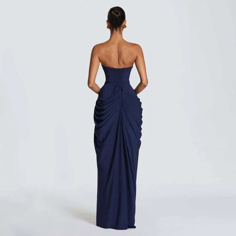 Elegant Yellow Strapless Pleated Dress Women Chic Sleeveless Waist Cinching Split Maxi Gowns 2026 Summer Lady Evening Party Robe