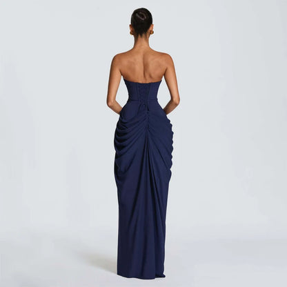 Elegant Yellow Strapless Pleated Dress Women Chic Sleeveless Waist Cinching Split Maxi Gowns 2026 Summer Lady Evening Party Robe