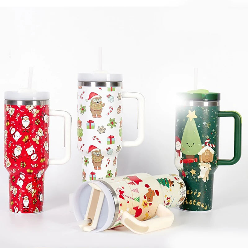 40oz Thermos Bottles Stainless Steel Christmas Series Insulated Water Bottle with Handle/straw Car Ice King Cup Christmas Gift