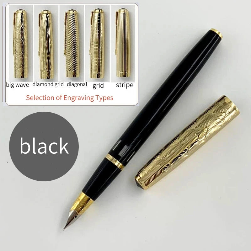 WingSung 601A Double Blue Stone Fountain Pen Gold Carving Cap Vacuum Piston F 0.5mm Iridium Wrapped Nib Writing Ink Pens Gift