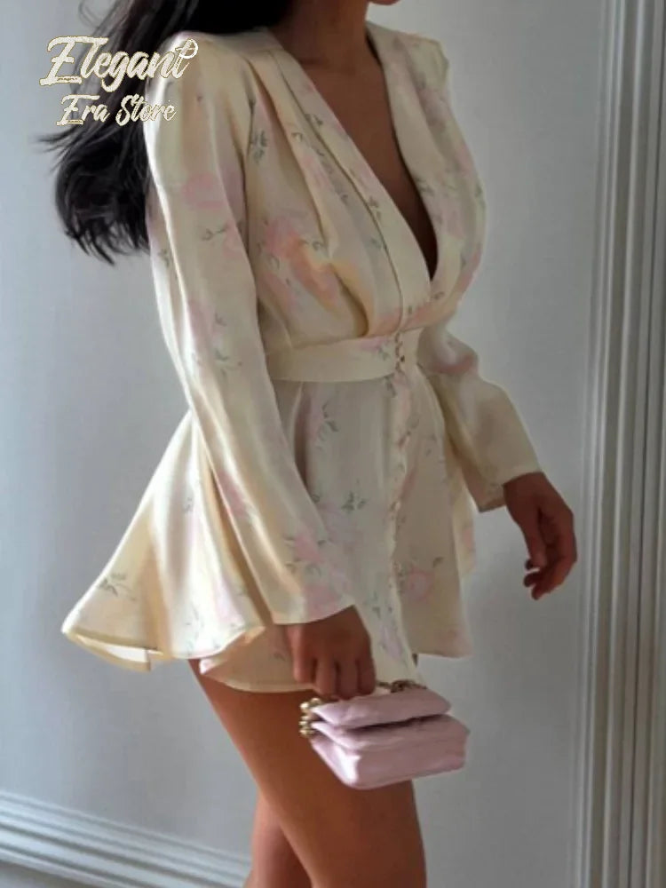 Sexy Deep V-neck Floral Printed  Long Sleeve Women Dress Fashion Waist-cinched Pleated Button-front Vestidos 2026 Daily Outfits