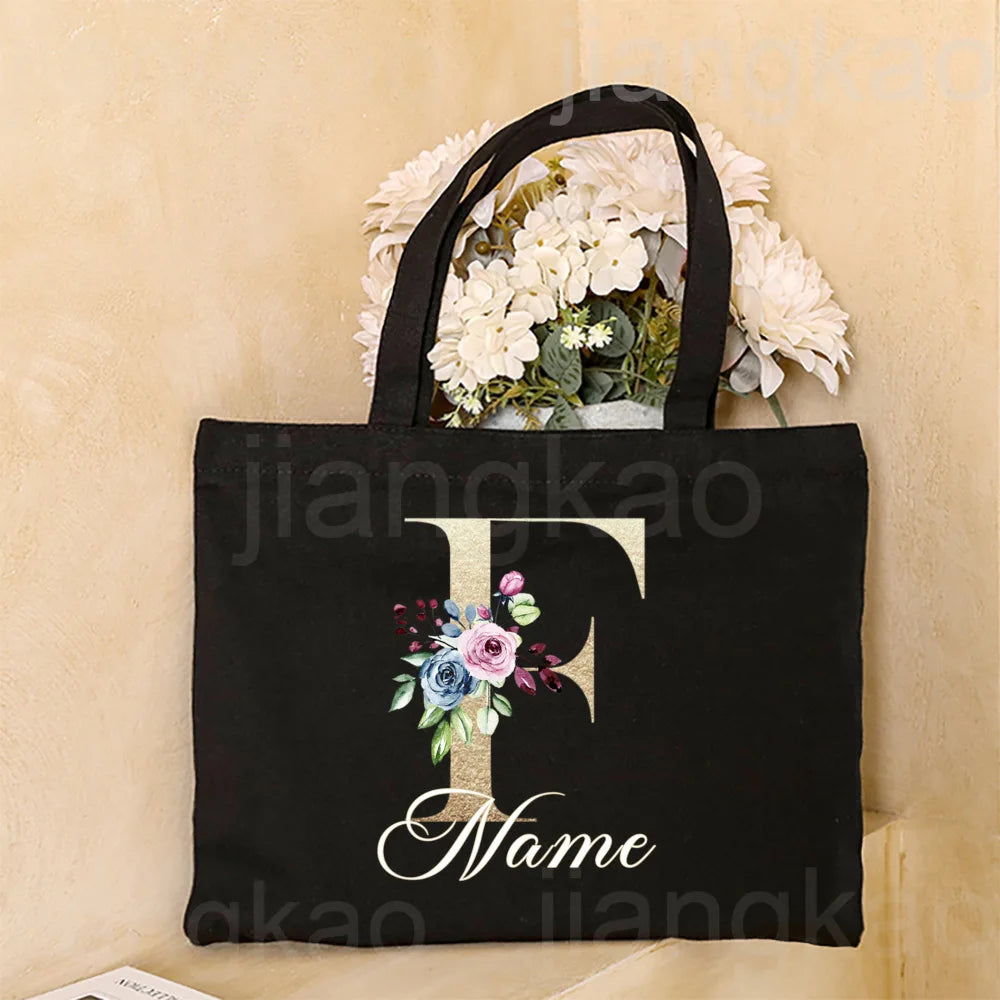 Personalized Initial with Name Tote Bag Women Canvas Shoulder Bags Monogram Shopping Bag Handbags Birthday Wedding Gifts for Her