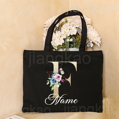 Personalized Initial with Name Tote Bag Women Canvas Shoulder Bags Monogram Shopping Bag Handbags Birthday Wedding Gifts for Her