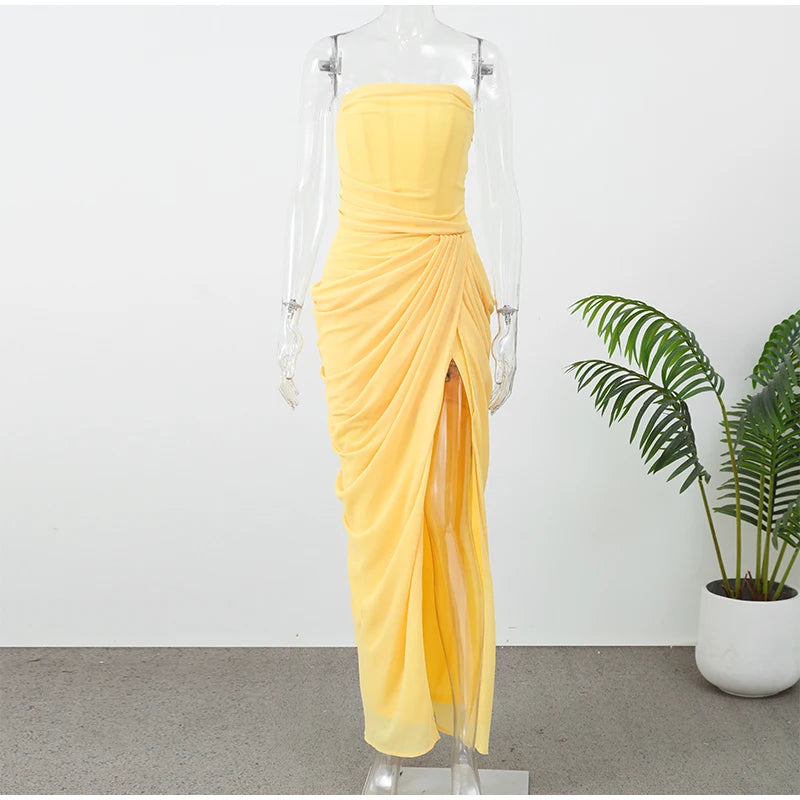 Elegant Yellow Strapless Pleated Dress Women Chic Sleeveless Waist Cinching Split Maxi Gowns 2026 Summer Lady Evening Party Robe