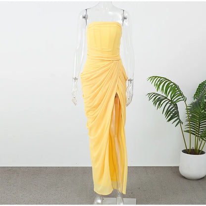 Elegant Yellow Strapless Pleated Dress Women Chic Sleeveless Waist Cinching Split Maxi Gowns 2026 Summer Lady Evening Party Robe