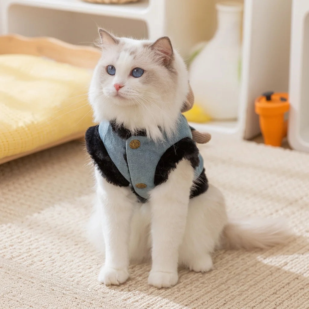 Cat autumn and winter thickened warm pocket three-dimensional bear denim traction vest small dog dog pet clothes