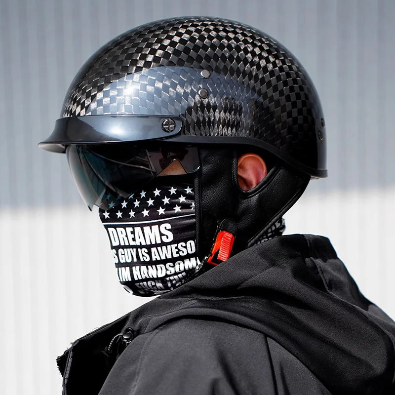    Best Seller Carbon Fiber Retro Motorcycle Half Face Helmet with Comfortable Lining Protective Goggles Helmet Factory Wholesale