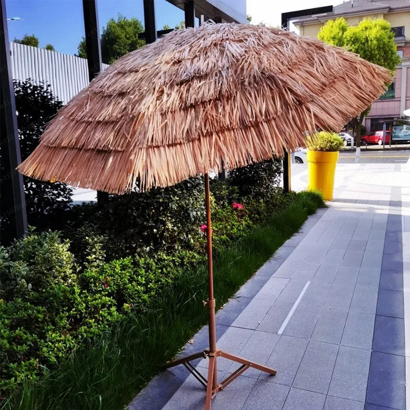 Hot-selling outdoor shading simulation straw garden decorative umbrella can be turned to sunscreen sun umbrella