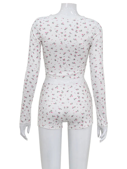 Ahagaga Fashion Sexy Printed Tracksuits Women Sleepwear Regular Casual O-neck Slim Fit Skinny 2 pieces Suit Sets (Tops+ Shorts)