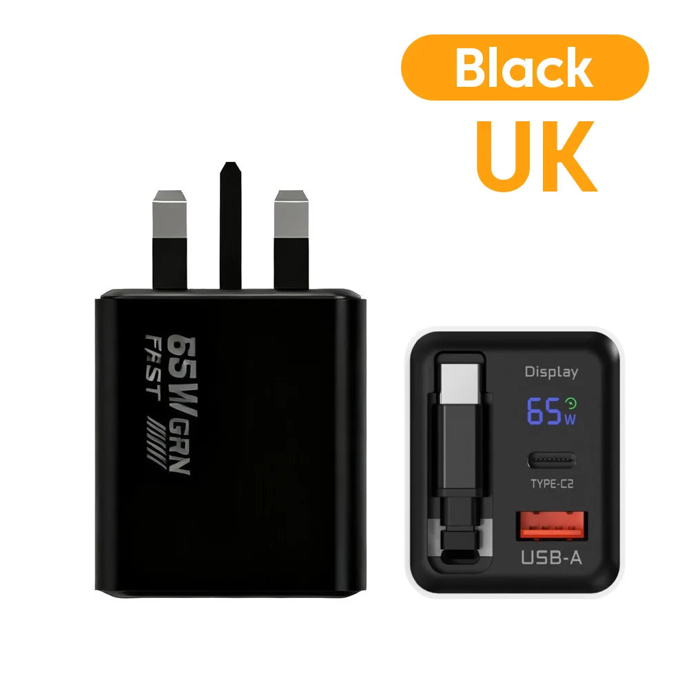 65W USB C GaN Charger Wall Charger Power Adapter Digital Display With Retractable Type C Cable For iPhone 17 16 Samsung Xiaomi