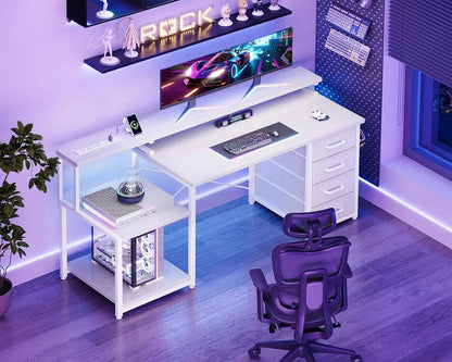 55 Inch Computer Desk with 4 Drawers, Office Desk with Power Outlets, Printer Shelf & Storage Shelves, Large, Customized