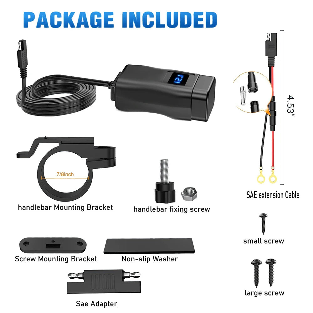 PD+QC3.0 Motorcycle USB Fast Charger 60W Handlebar Dual USB Socket with Switch Voltmeter Waterproof 12V Power Supply Adapter