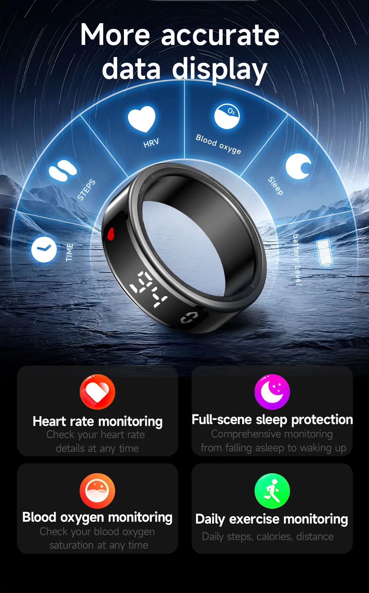 Smart Ring + Case Display Screen Touch Health Monitor Gesture Swipe Video/Brush Tiktok 5ATM Waterproof Smartring for Men Women
