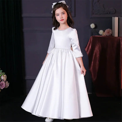 Lovely White Satin Flower Girl Dress for Wedding Dresses Little Princess Bow Kids Birthday Party Evening Customise Gowns