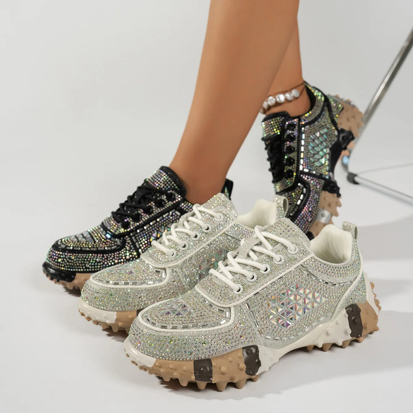 2026 Thick Soled Color Blocked Women's Sneakers Luxury Rhinestone Loafers Fashion Versatile Comfort Anti Slip Women Shoes Tenis