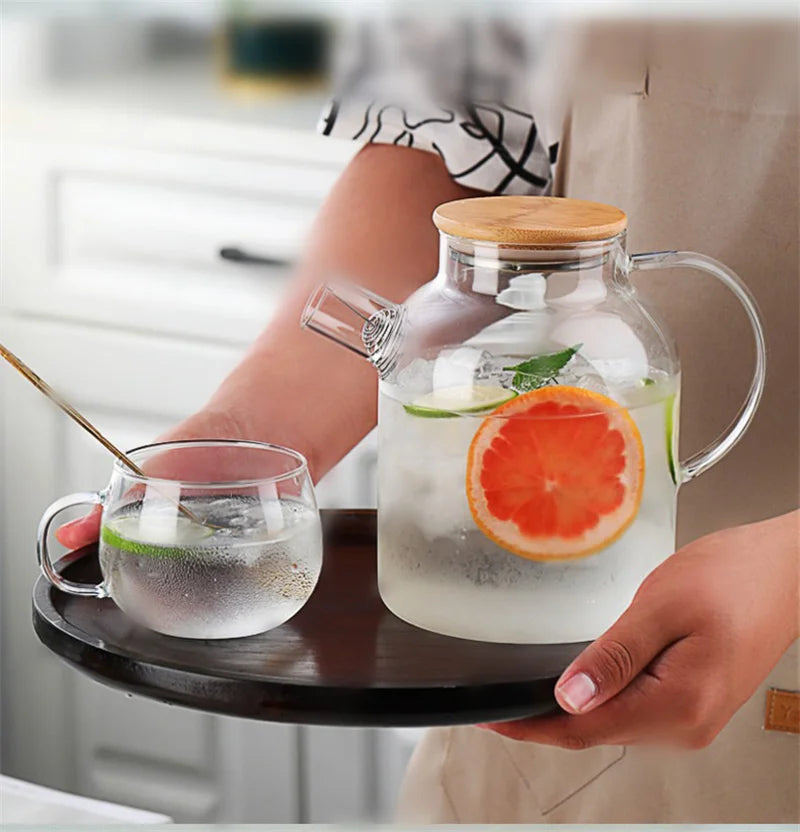 1/1.8L Transparent Glass Teapot with Bamboo Lid Heat-Resistant Glass Pitcher Thickened Glass Flower Tea pot Puer Kettle Office