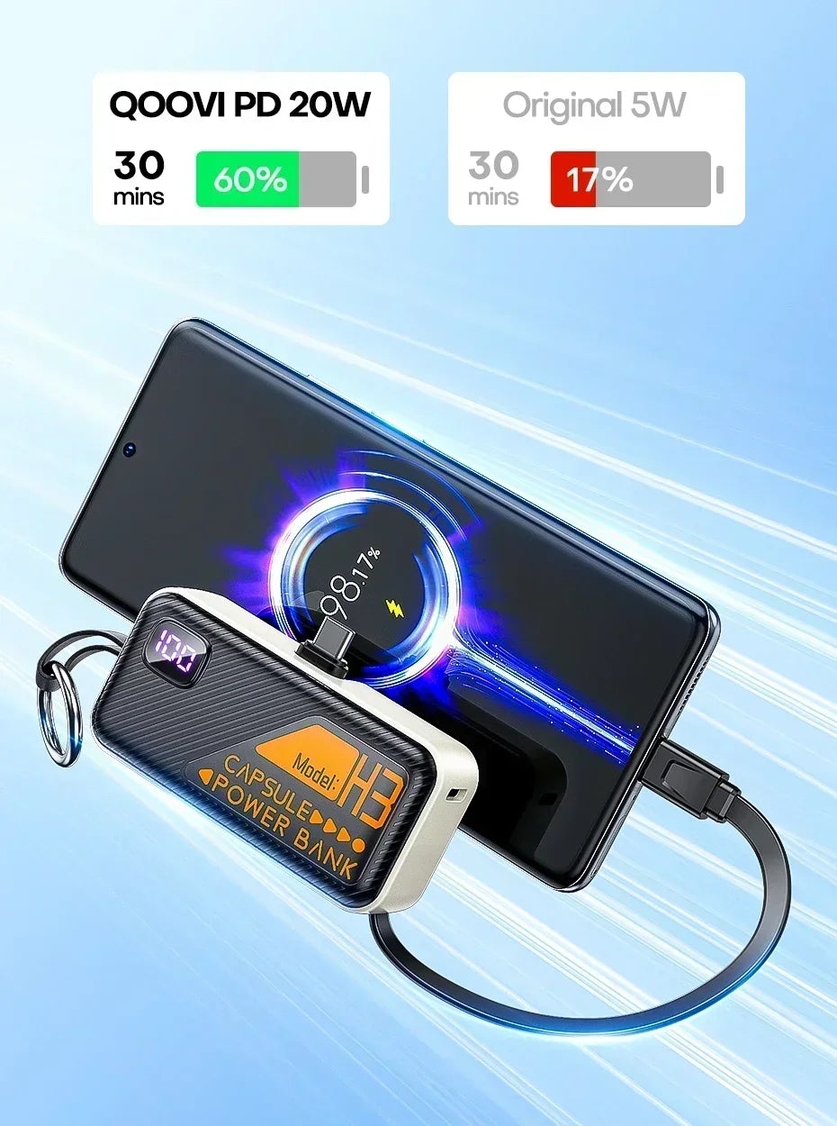 20000mAh Mini Power Bank PD20W Fast Charging Comes with Cable Digital Display PowerBank for IPhone13 14 15 16 Samsung and Xiaomi