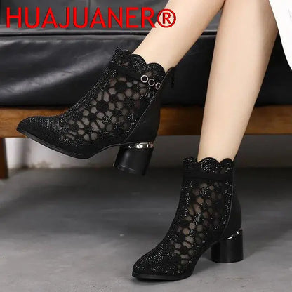 2026 Spring Summer Fashion Rhinestones Gauze Sandals Thick Heels Mesh Autumn Ankle Boots Female Hollow Women's Shoes