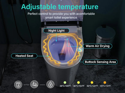 CC 45Elongated Smart Toilet with Bidet Built in,ADA Bidet Height,Foam Dispenser,One-Piece Toilet with Instant Warm Water and Dry