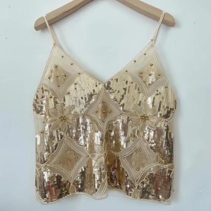 Women's Hot Sweet Sequin Bead Crop Tops Sexy Sling Slim Fit Short V-neck Straight Tank Top Korean Fashion Y2k Clothing
