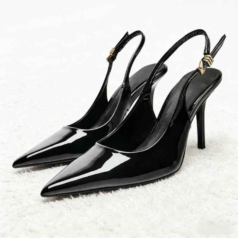 Luxury Patent Leather Metal Buckle Slingbacks Women Pumps Sexy Pointed Toe High Heels for Ladies Elegant Banquet Office Shoes