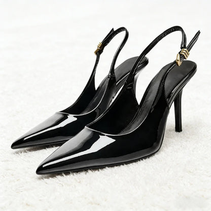 Luxury Patent Leather Metal Buckle Slingbacks Women Pumps Sexy Pointed Toe High Heels for Ladies Elegant Banquet Office Shoes