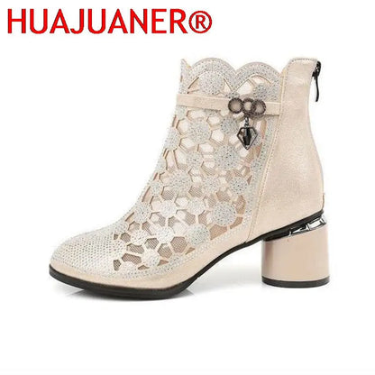 2026 Spring Summer Fashion Rhinestones Gauze Sandals Thick Heels Mesh Autumn Ankle Boots Female Hollow Women's Shoes