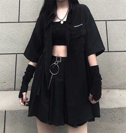 Gothic Skirt Set Loose Shirt Pleated Mini Skirts 2 Piece Sets Korean Retro Casual Outfits Women Spring Summer Aesthetic Y2k Suit