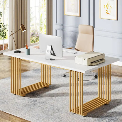 70.9 Modern Office Desk, Wooden Computer Desk, White Executive Desk with Gold Metal Legs, Large Workstation for Home Office, St