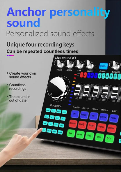 K1 Professional Live Sound Card Audio Mixer DJ Equipment Sound Card Effects Processors for Music Karaoke Recorder Live Broadcast
