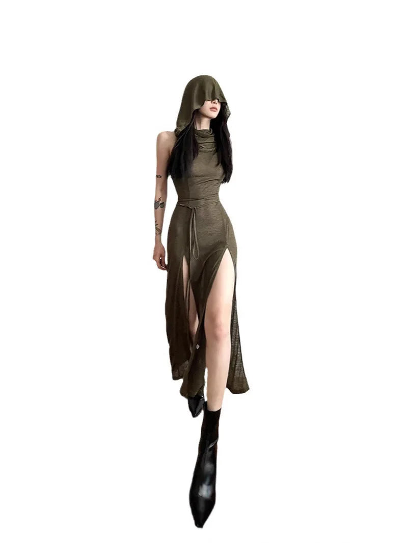 Cyber Gothic Desert Walker Hooded Dresses Y2k Punk Grunge Hollow Out Midi Dress Women Sexy Split Side Solid Streetwear