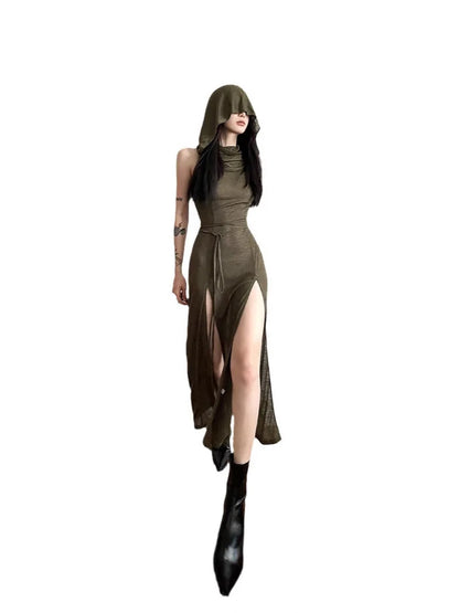 Cyber Gothic Desert Walker Hooded Dresses Y2k Punk Grunge Hollow Out Midi Dress Women Sexy Split Side Solid Streetwear