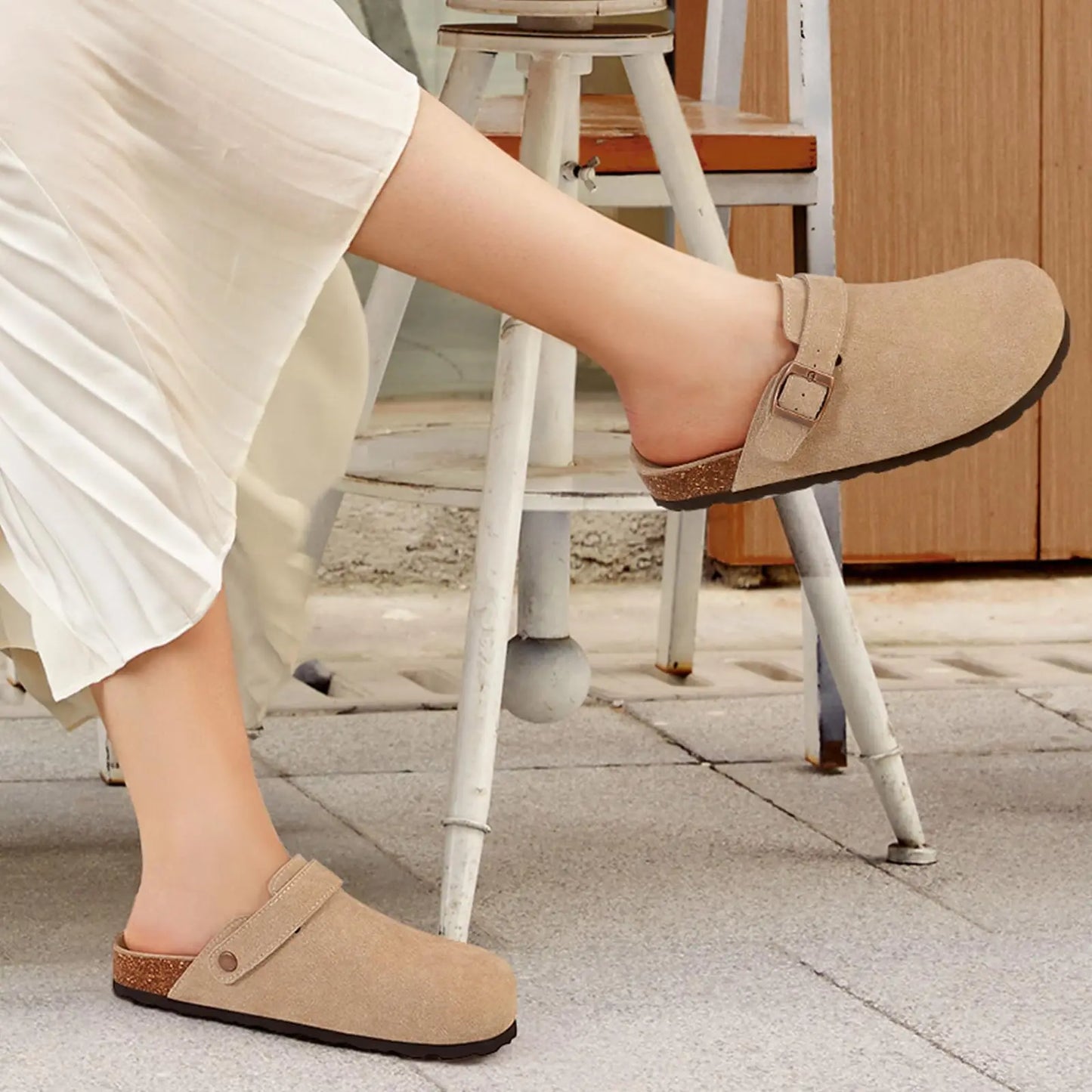 Crestar Women's Suede Clogs Lady Fashion Buckle Leather Mules Comfort Cork Footbed Potato Shoes with Arch Support Beach Sandal