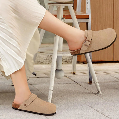 Crestar Women's Suede Clogs Lady Fashion Buckle Leather Mules Comfort Cork Footbed Potato Shoes with Arch Support Beach Sandal