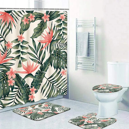 Banana Leaf Shower Curtain Set Non-Slip Rug Bathroom Accessories Tropical Palm Plant    Botanical Floral Green