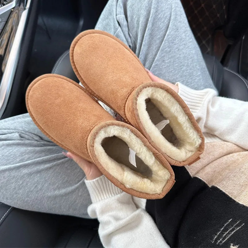 Men's and women's sheepskin and wool integrated snow boots, real leather and fur, winter thick and warm boots for women