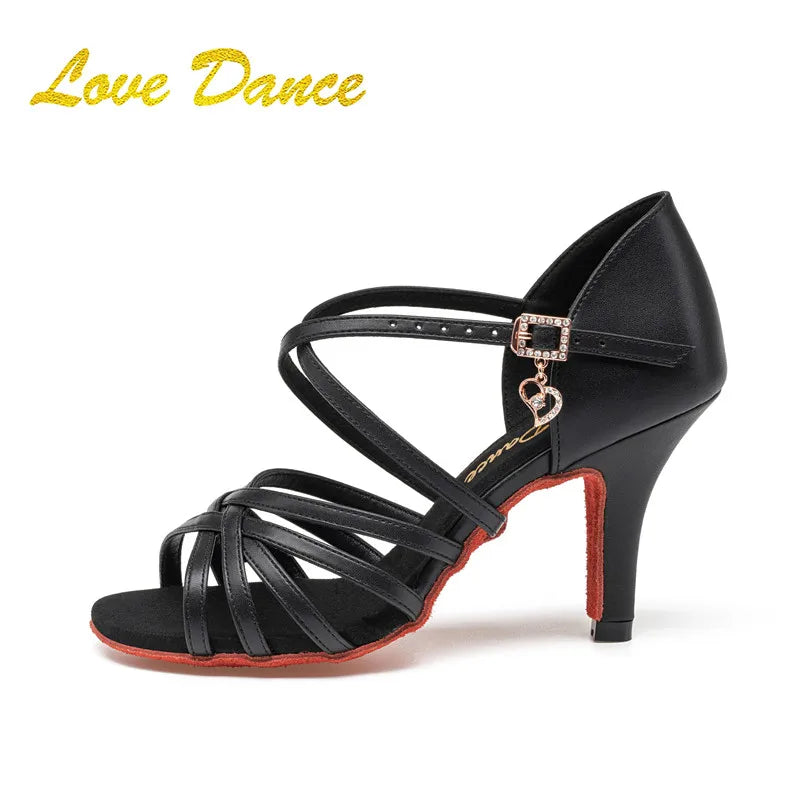 SW Latin Dance Premium Professional Women's Black Dance Shoes with Red Sole for Ballroom, Competition, Rumba & Cha-Cha Practice