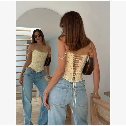 Yellow Flora Printed Corset Top Women Sexy Sleeveless Fishbone Bodycon Spaghetti Strap Lace Up Tops 2026 Lady Summer Party Vest