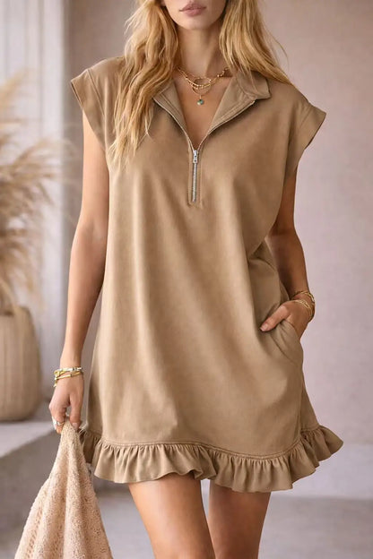 Spring Summer New Sleeveless Pocket Dress Zipper V-neck Ruffled A-line Skirt For Women Fashion Elegant Casual  Holiday Dresses