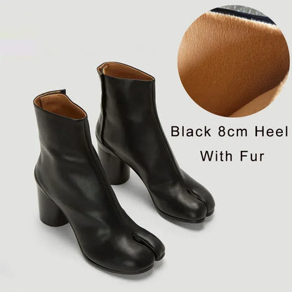 Luxury Brand Designer Tabi Split-toe Ankle Boots Women Genuine Leather Chunky Round Heel Short Boots 2024 Autumn Winter Shoes